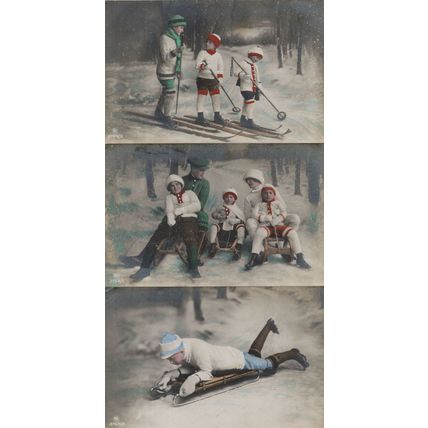 Bobsleigh Family Children Snow Sleighing 3x Tinted Antique Postcard s