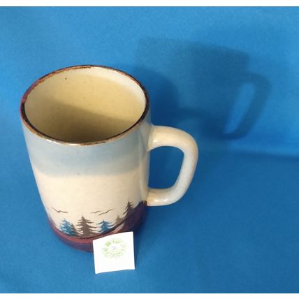 CERAMIC TANKARD NEW ENGLAND MOUNTAIN SCENE with PINE TREES and BIRDS + RECIPES