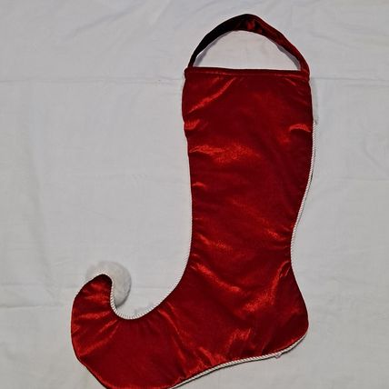 Whimsical Red ELF TOE CHRISTMAS STOCKING Velvet Satin Fuzzy Jingle Bells 23"