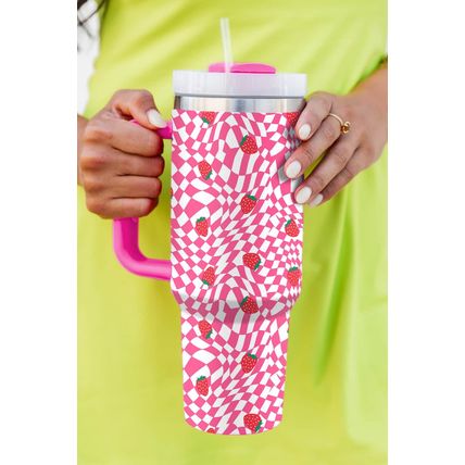 Rose Red Strawberry Checkered Print Handled Tumbler 40oz