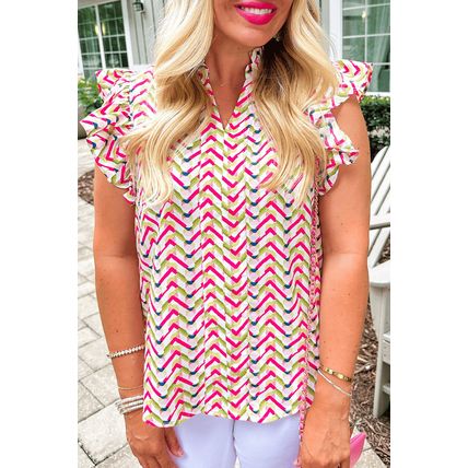 Multicolour Chevron Print Ruffled Sleeve Blouse