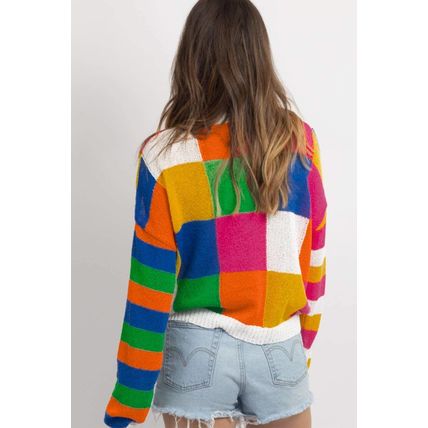 Orange Checkered Color Block Round Neck Loose Sweater