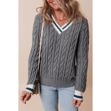 Medium Grey Color Contrast Ribbed Edge Cable Knit V Neck Sweater