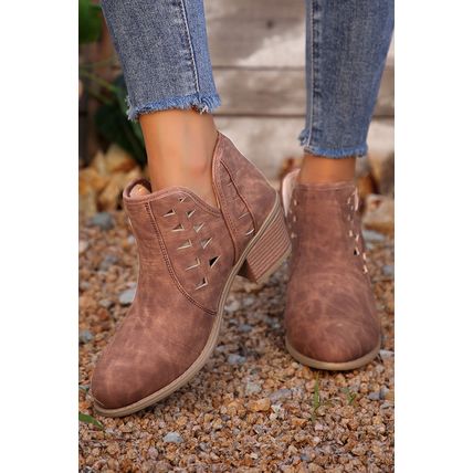 Red Sandalwood Cut Out Suede Pointed Toe Heeled Ankle Boots