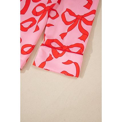 Pink 2pcs Bow Print Shirt Style Long Sleeve Pajama Set