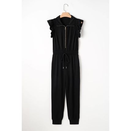 Black Zipper Flutter Sleeve Drawstring High Waist Jumpsuit