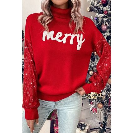 Racing Red Merry Graphic Sequin Sleeves Christmas Turtleneck Sweater
