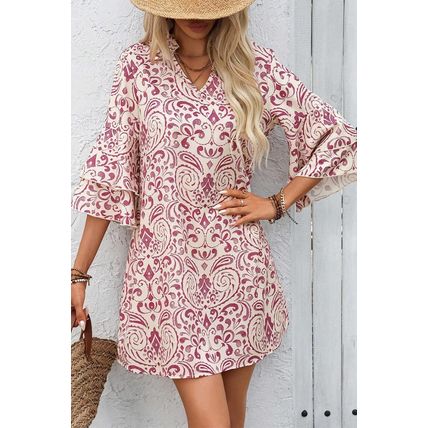 Pink Paisley Print Tiered 3/4 Sleeve Notched Neck Mini Dress