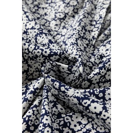 Blue Floral Print Notched V Neck Puff Sleeve Blouse