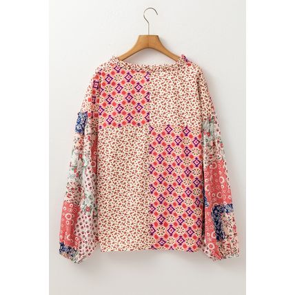 Orange Floral Geometric Patchwork Lace-up Crewneck Plus Size Blouse