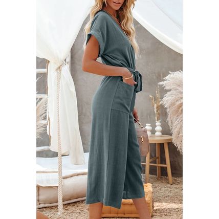 Blue Dolman Button Belted V Neck Wide Leg Pocketed Jumpsuit