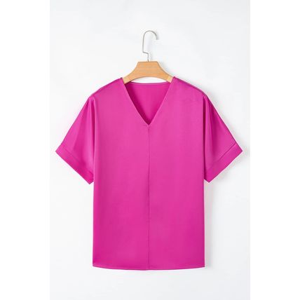 Bright Pink Silky V Neck Dolman Blouse