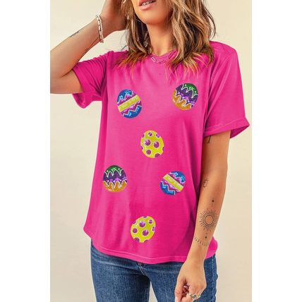 Rose Red Easter Eggs Patched Crew Neck Graphic Tee