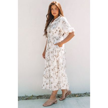 Khaki Floral Puff Sleeve V Neck Buttoned Front Maxi Dress