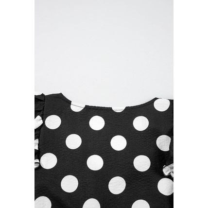 Black Polka Dot Print Ruffled Sleeve V Neck Blouse
