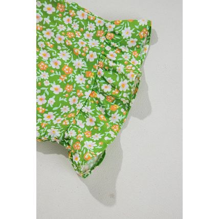 Green Floral Print Ruffle Sleeve V Neck Blouse Top