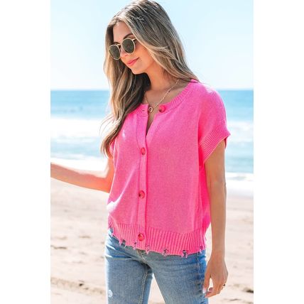 Bright Pink Distressed Hem Short Sleeve Knitted Button Front Sweater