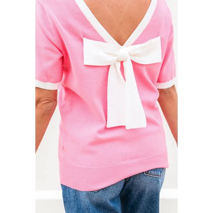 Bonbon Colorblock Bow V-Shape Cut Back Short Sleeve Sweater