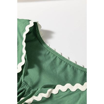 Mist Green Ric Rac Trim Tie Split Neck Short Sleeve Blouse
