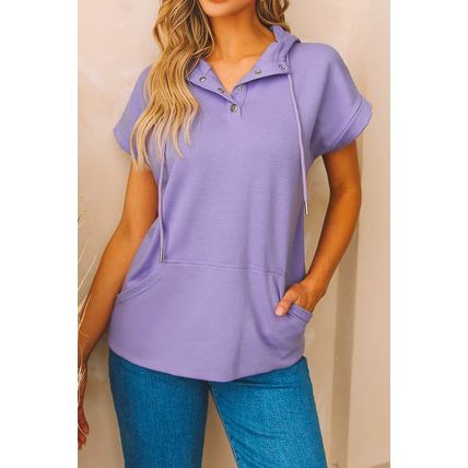 Purple Short Sleeve Buttoned Neck Kangaroo Pocket Hoodie