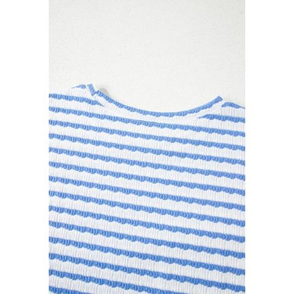Sky Blue Stripe Knitted Short Sleeve Top and Drawstring Shorts Set