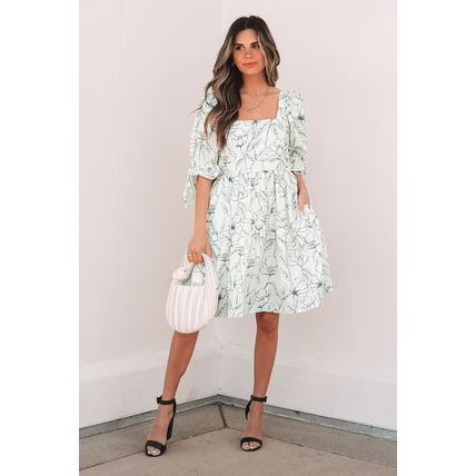 Beige Floral Print Square Neck Shirred Back Puff Sleeve Mini Dress