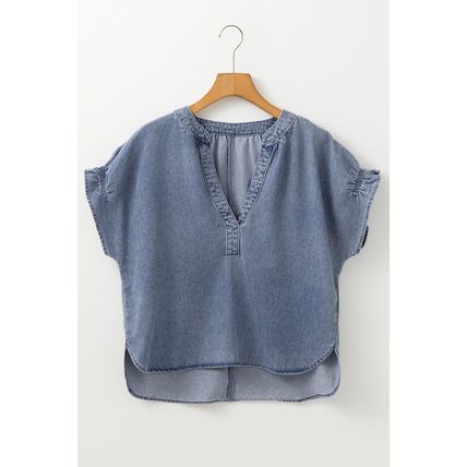 Dusk Blue V Neck Ruffled Short Puff Sleeve Denim Top
