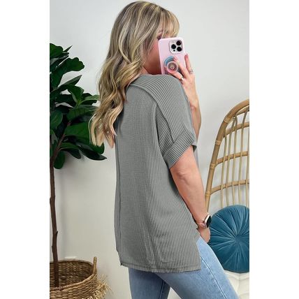 Medium Grey Twist Ribbed Sequined Bow Rugby Game Day Pattern Knit T Shirt