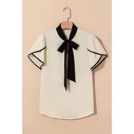 White Bow Knot Neckline Contrast Stripe Short Sleeve Blouse
