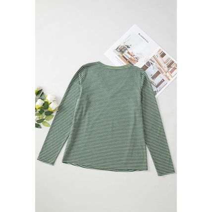 Green Stripe V Neck Stretchy Long Sleeve Top