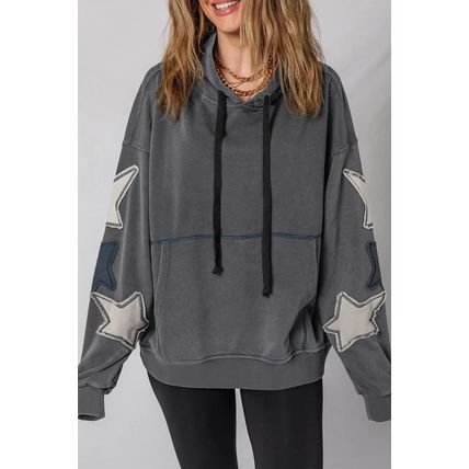 Carbon Grey Star Patchwork Contrast Stitching Mineral Wash Kangaroo Pocket Vinta