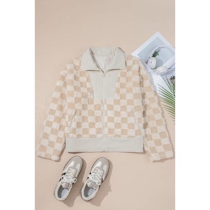 Khaki Checker Sherpa Corduroy Patchwork Zip up Collared Jacket