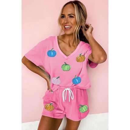 Bonbon Sequin Halloween Pumpkin Pattern V Neck Tee and Drawstring Bottoms Casual