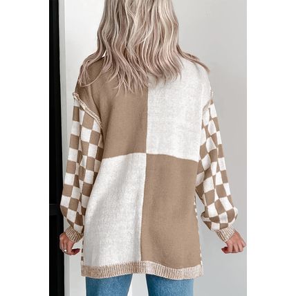 Brown Checkered Open Front Drop Shoulder Cardigan