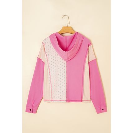 Pink Mixed Texture Waffle Floral Patchwork Hooded Oversize Pullover