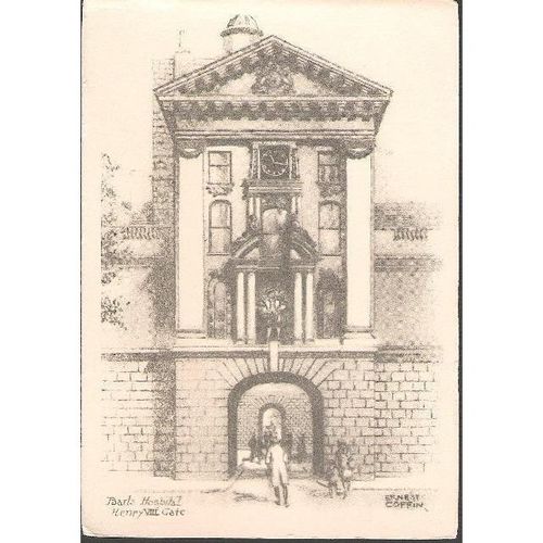 London - St Bartholomews Hospital Henry VIII Gate - art postcard c.1960s