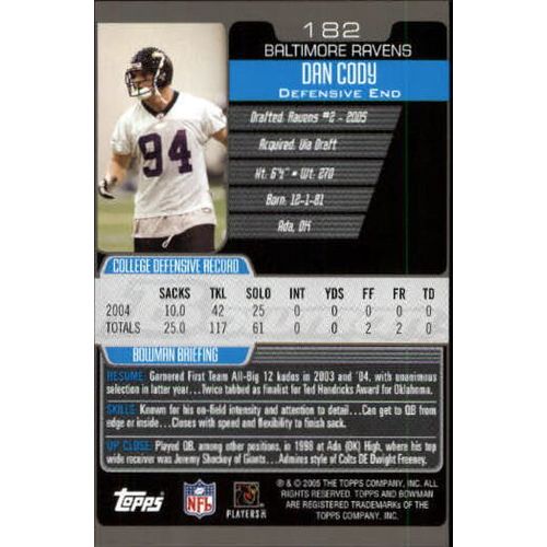 2005 Bowman Football Dan Cody #182 RC