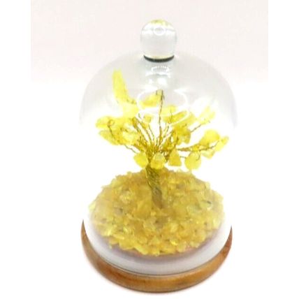 Citrine Gem Tree Ornament Under a Glass Dome Wooden Base 11 CM Gift