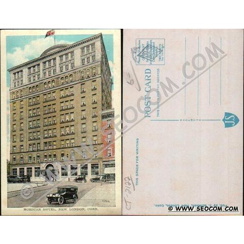 CT New London Postcard Mohican Hotel Street Scene Intersection w/Old Cars ~2122