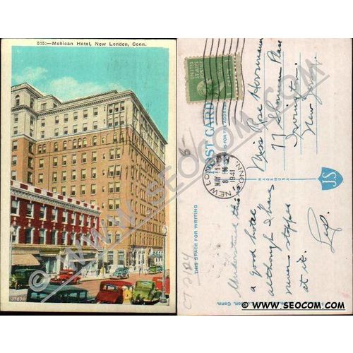 CT New London Postcard Mohican Hotel Street Scene w/Old Cars ct_box4~2124