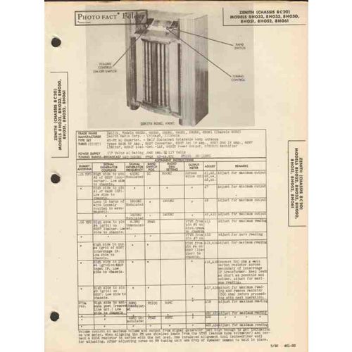 ZENITH chassis 8C20 8 tube AM FM radio receiver Sams Photofact manual
