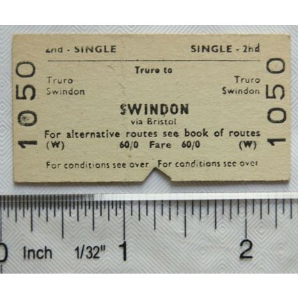 British Railways Board ticket 2nd single Truro to Swindon, fare 60/0