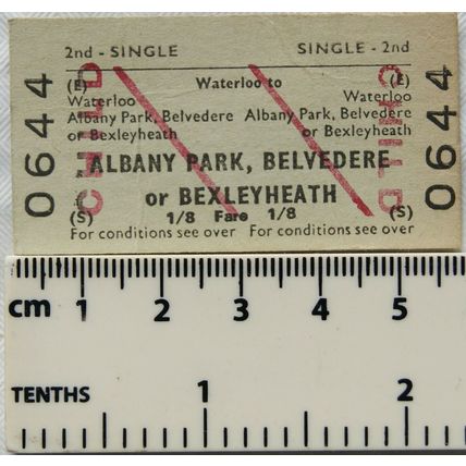 1965 British Railways Board ticket 2nd single Waterloo to Albany Park, Belvedere