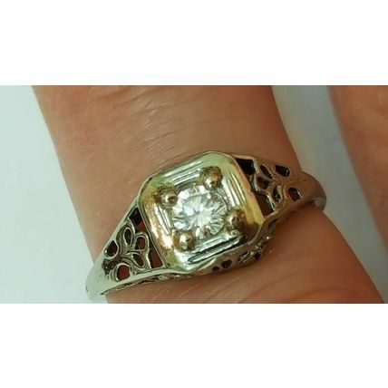 Art Deco 14k White Gold Engagement .20ct Brilliant Cut Diamond Filigree Ring