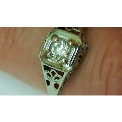 Art Deco 14k White Gold Engagement .20ct Brilliant Cut Diamond Filigree Ring