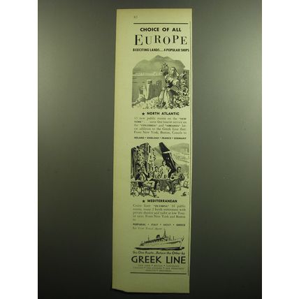 1958 Greek Line Cruise Ad - Choice of all Europe
