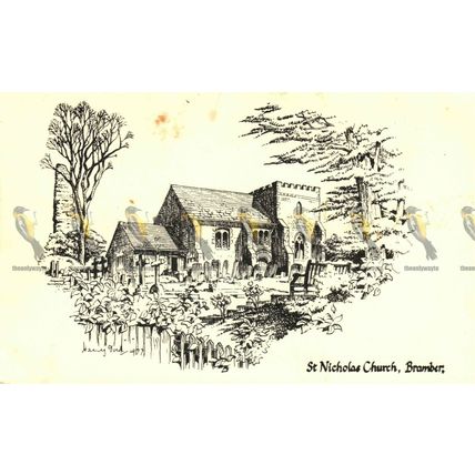 St Nicholas Church, Bramber, Sussex, Pen & Ink Sketch Postcard 1977