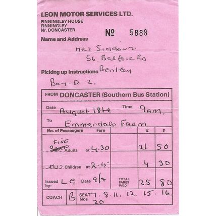 Excursion Ticket issued by Leon Motor Services Ltd. Doncaster to Emmerdale Farm