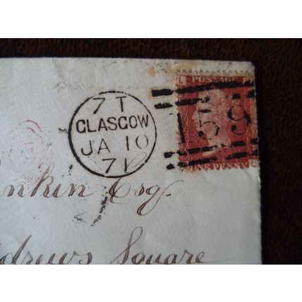 1871 GB QV 1d Red stamp plate no 138 LO cover Thomas Rankin Edinburgh Glasgow
