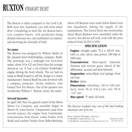 Collectors Club card. Classic Cars. Ruxton Straight Eight